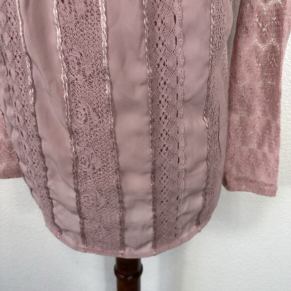 Anthropologie One September Top Small Dusty Rose Lace Feather Boho Mixed Thermal - Picture 11 of 16